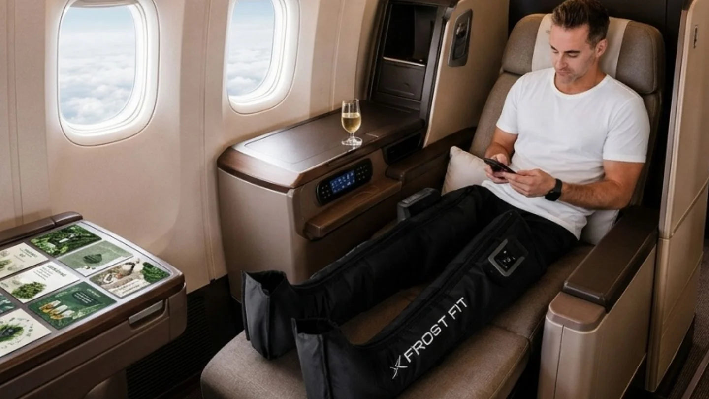 Traveler wearing Recovery Wraps compression boots