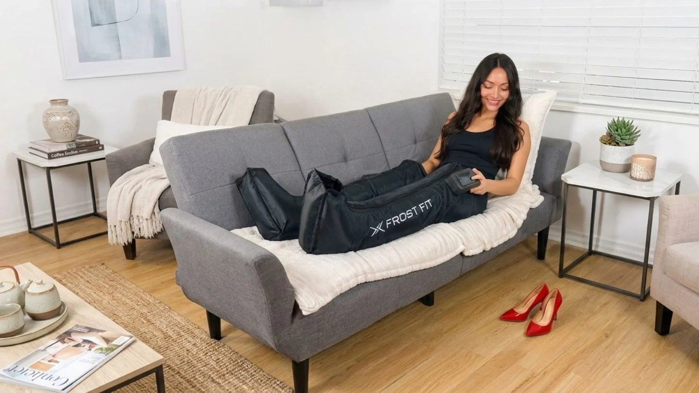 Traveler wearing Recovery Wraps compression boots