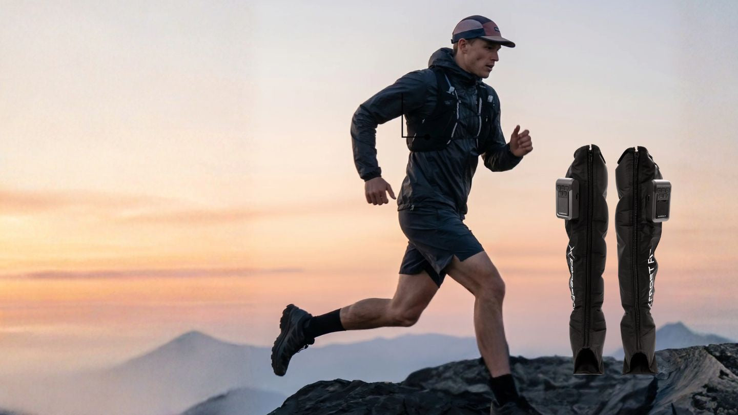 Trail runner in the mountains with product shot of Recovery Wraps compression boots