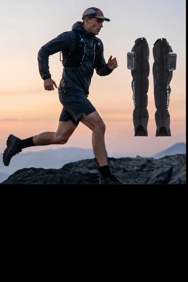 Trail runner in the mountains with product shot of Recovery Wraps compression boots